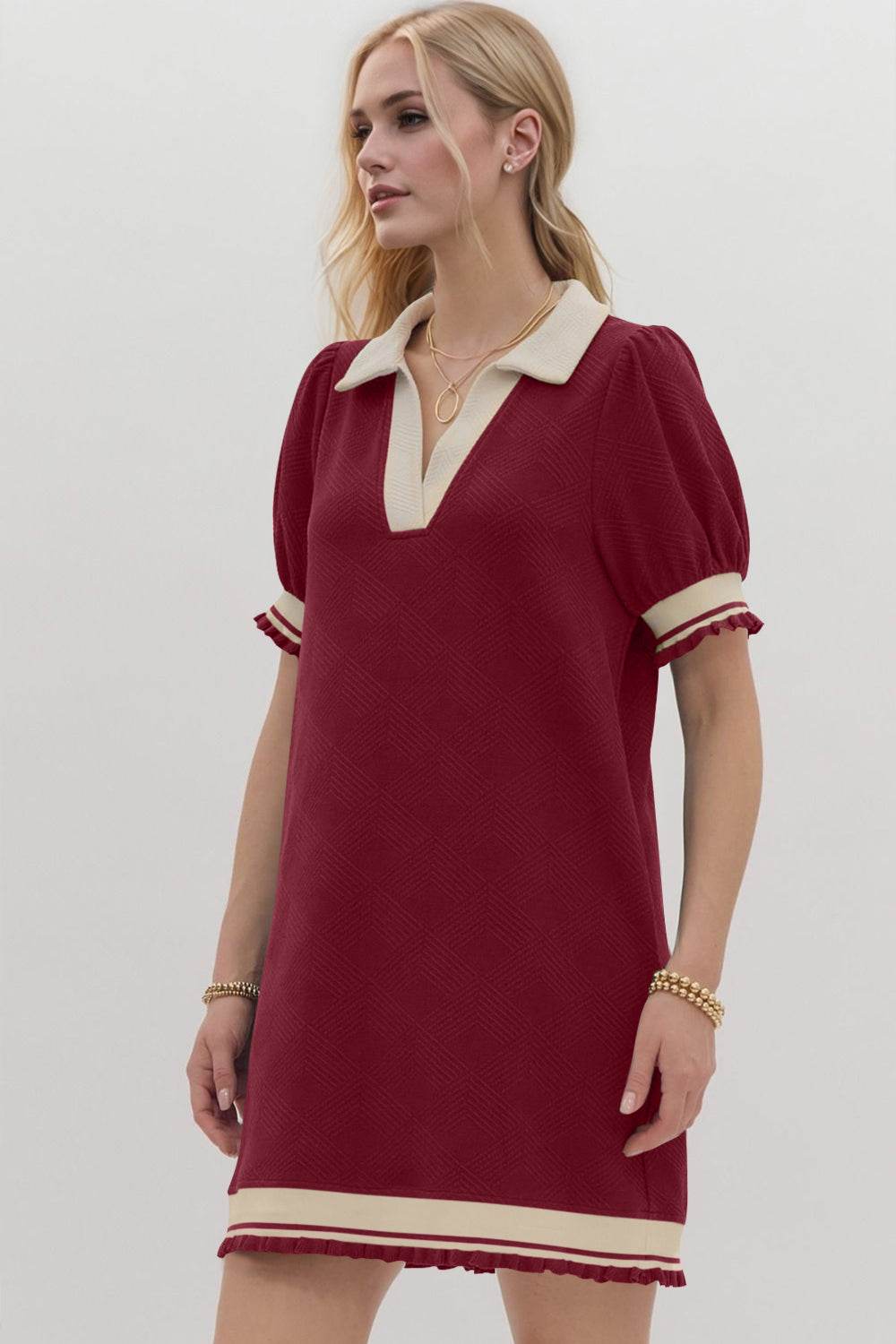 Oh Frill Contrast Trim Johnny Collar Short Sleeve Mini Dress - Hovatok