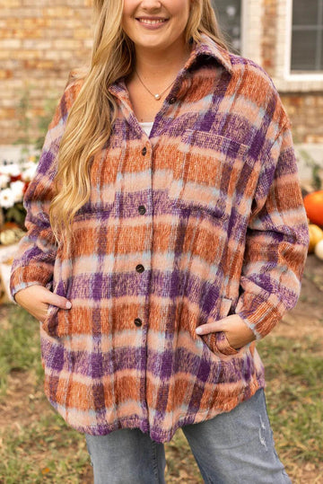 Plus Size Plaid Collared Neck Long Sleeve Jacket - Hovatok