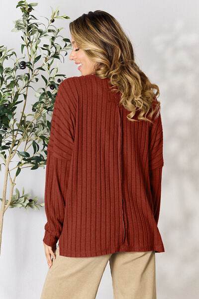 Basic Bae Full Size Ribbed Round Neck Slit Knit Top - Hovatok