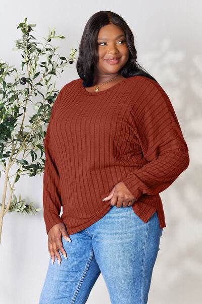 Basic Bae Full Size Ribbed Round Neck Slit Knit Top - Hovatok
