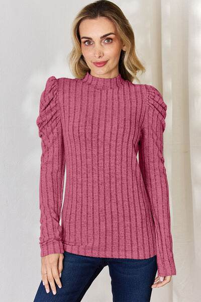 Basic Bae Full Size Ribbed Mock Neck Puff Sleeve T-Shirt - Hovatok