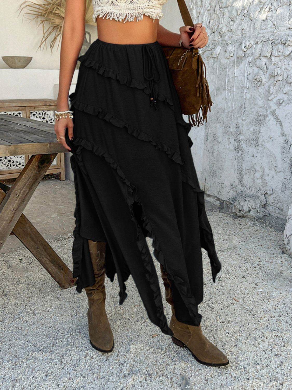 Devine Slit Drawstring Ruffled Skirt - Hovatok