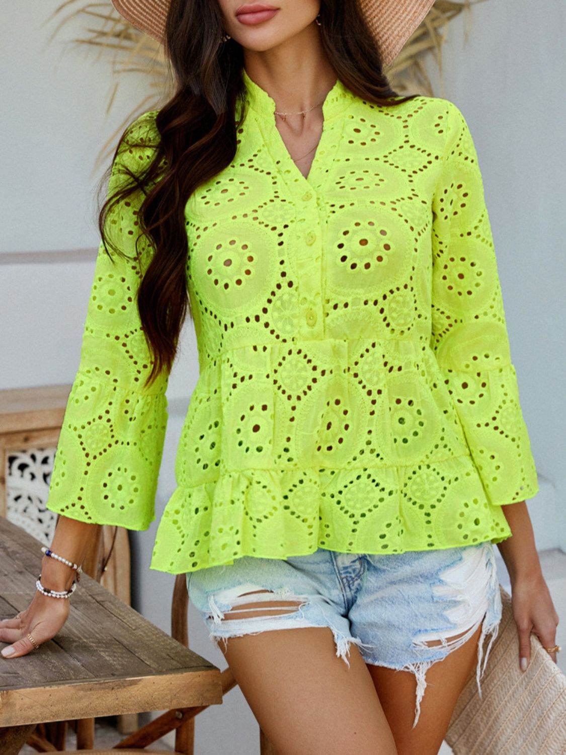Devine Half Button Flounce Sleeve Peplum Blouse - Hovatok