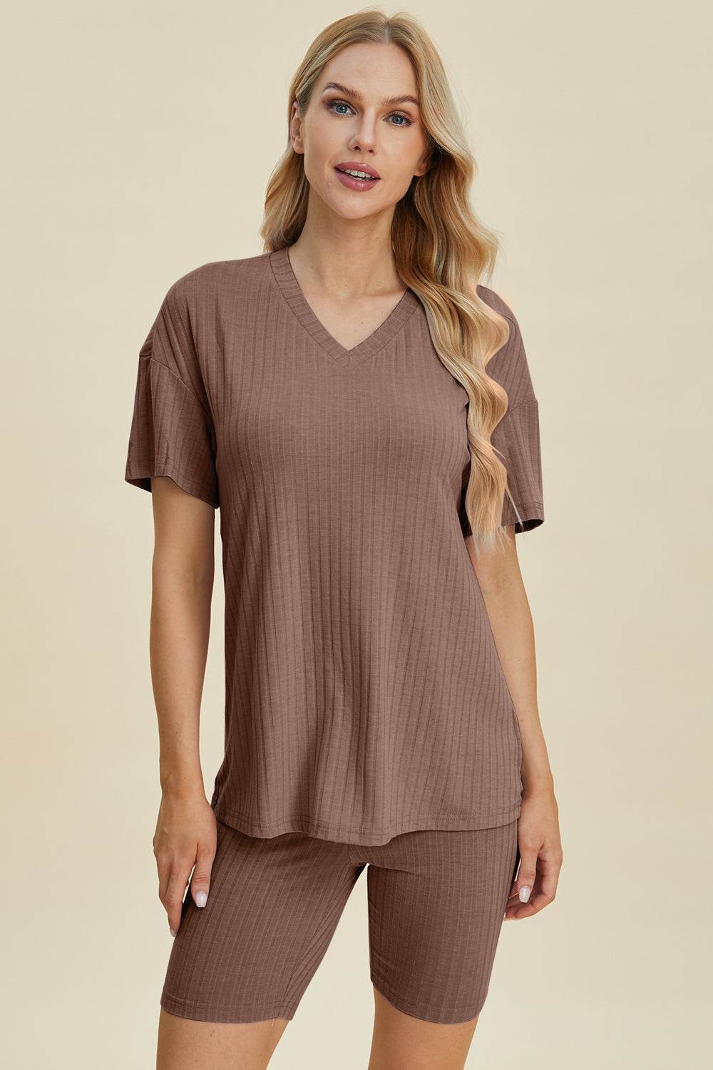Basic Bae Full Size Ribbed V-Neck Short Sleeve Top and Shorts Set - Hovatok
