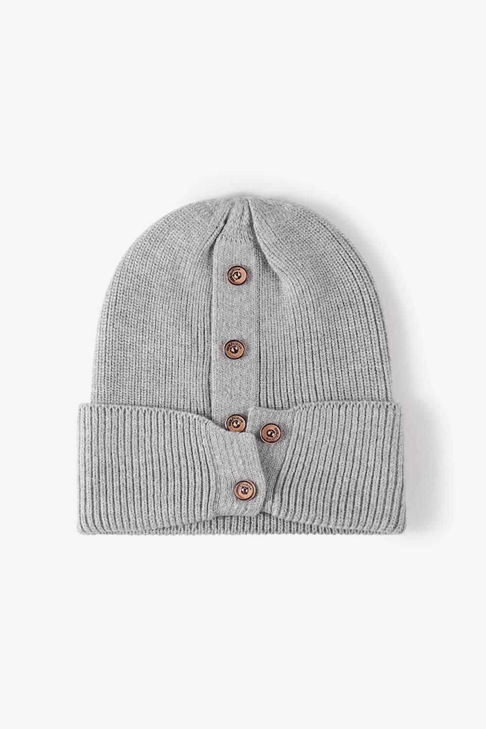 Button Detail Rib-Knit Cuff Beanie - Hovatok