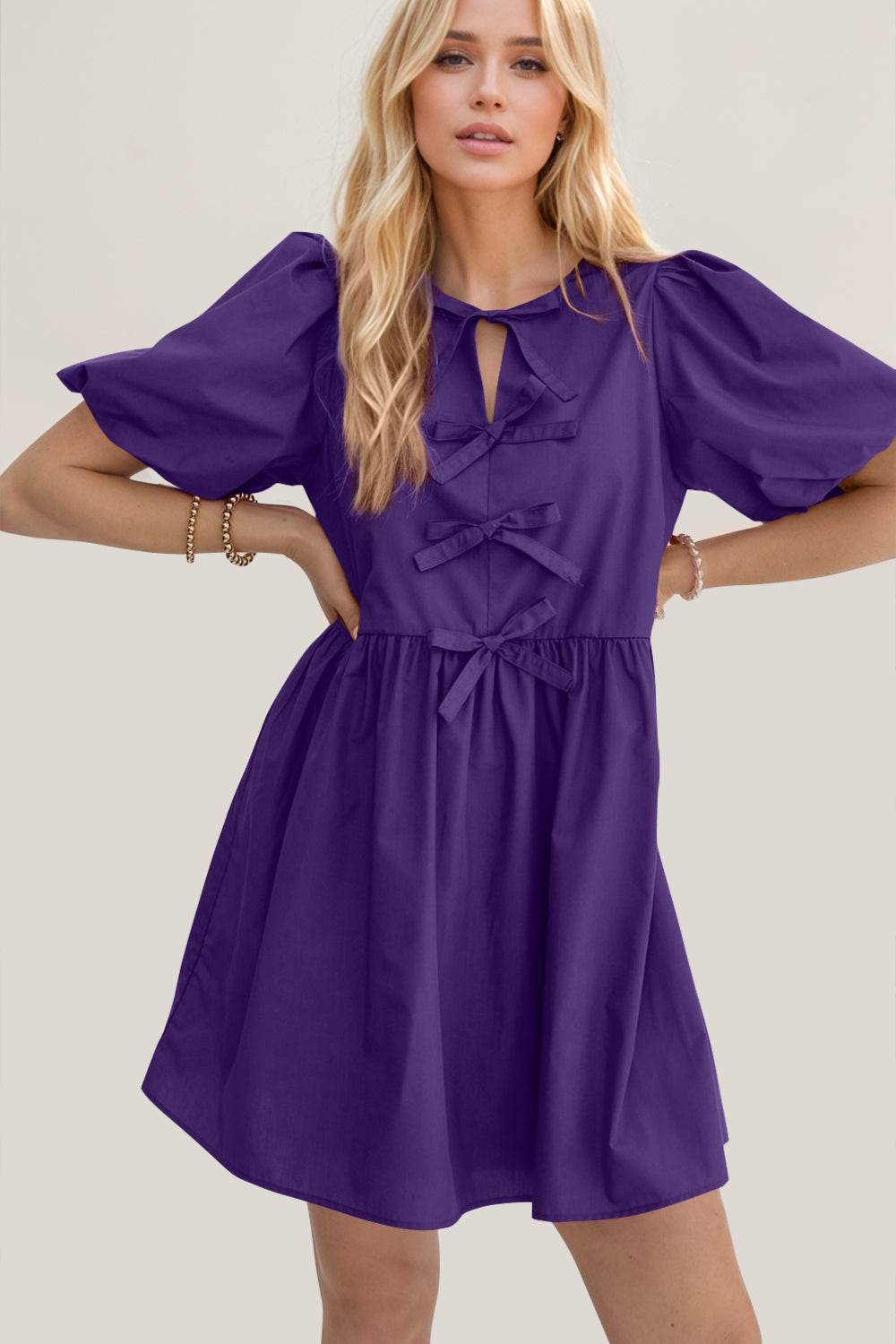 Oh Bow Ruched Puff Sleeve Mini Dress - Hovatok