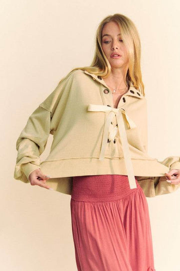 Davi & Dani Lace Up Exposed Seam French Terry Top - Hovatok