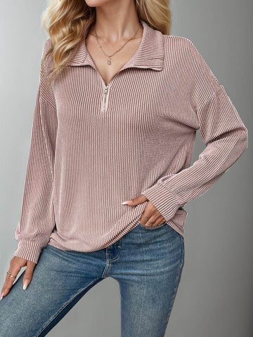 Double Take Striped Half Zip Long Sleeve T-Shirt - Hovatok