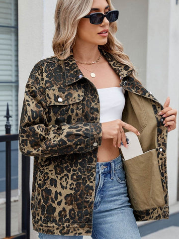 Pocketed Leopard Long Sleeve Denim Jacket - Hovatok