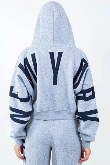 American Bazi Letter Graphic Long Sleeve Drawstring Cropped Hoodie - Hovatok