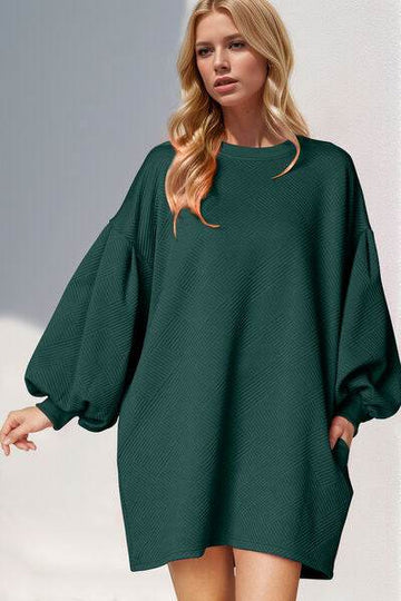 Double Take Drop Shoulder Lantern Sleeve Texture Mini Dress with Pockets - Hovatok