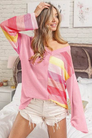 BiBi Striped Contrast Waffle Long Sleeve Top - Hovatok