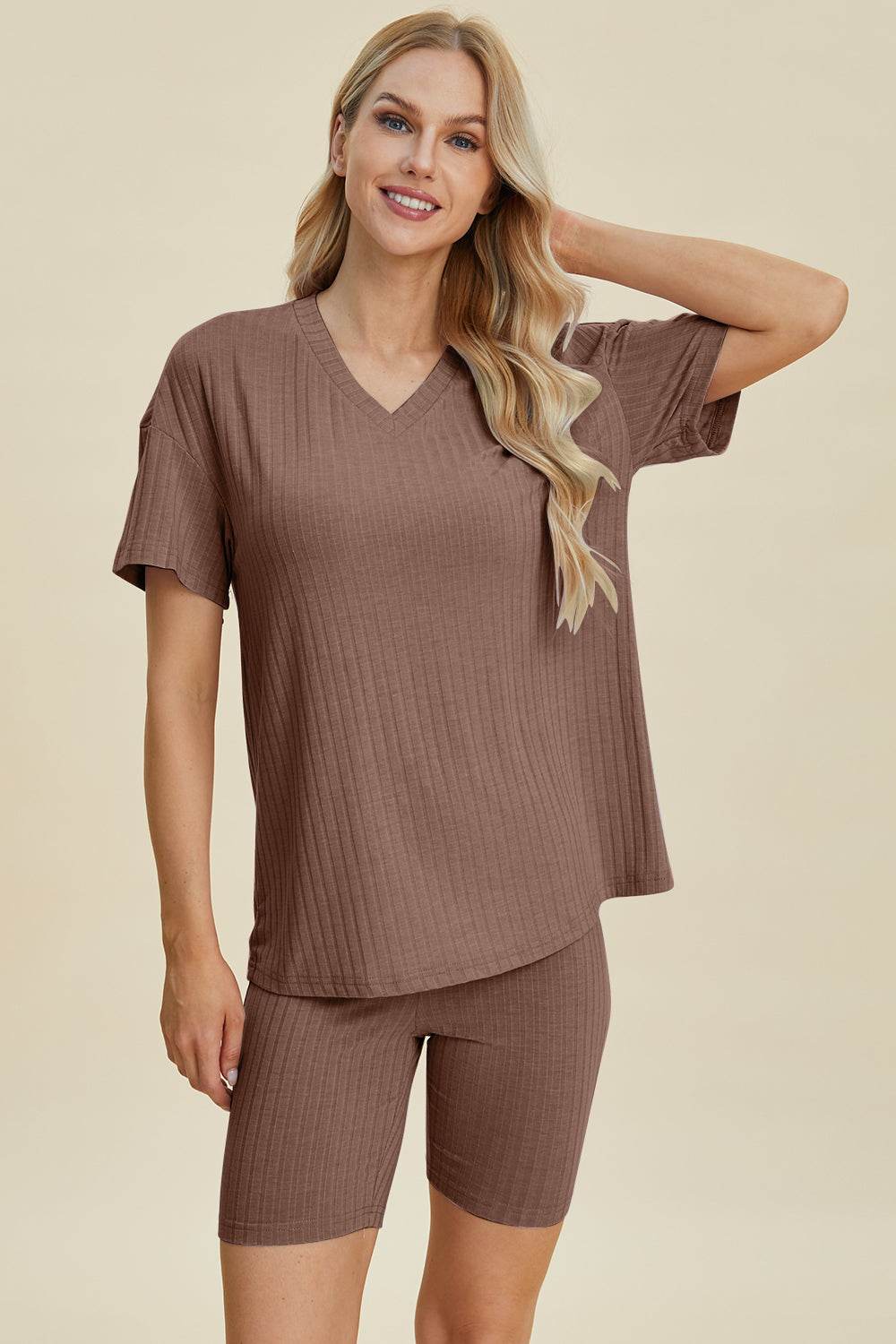 Basic Bae Full Size Ribbed V-Neck Short Sleeve Top and Shorts Set - Hovatok