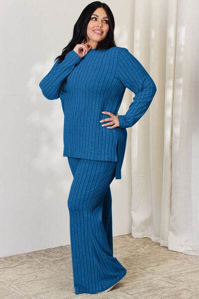 Basic Bae Full Size Ribbed High-Low Top and Wide Leg Pants Set - Hovatok