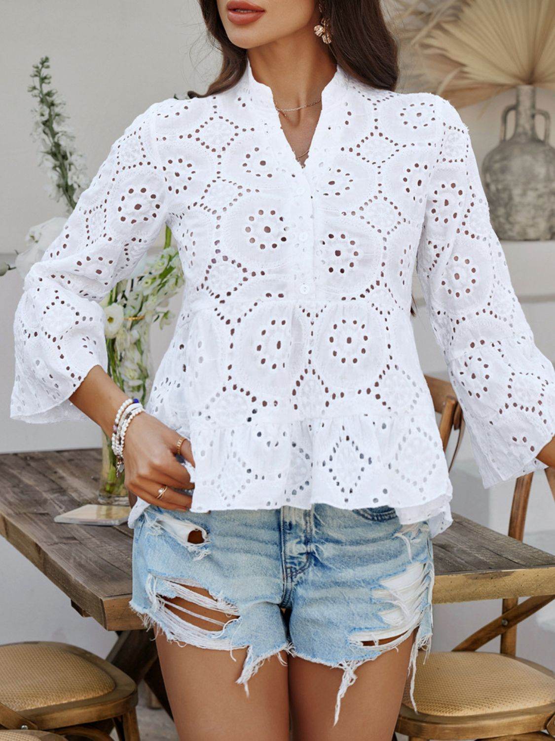Devine Half Button Flounce Sleeve Peplum Blouse - Hovatok