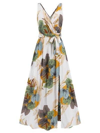 Slit Tied Printed Surplice Dress - Hovatok
