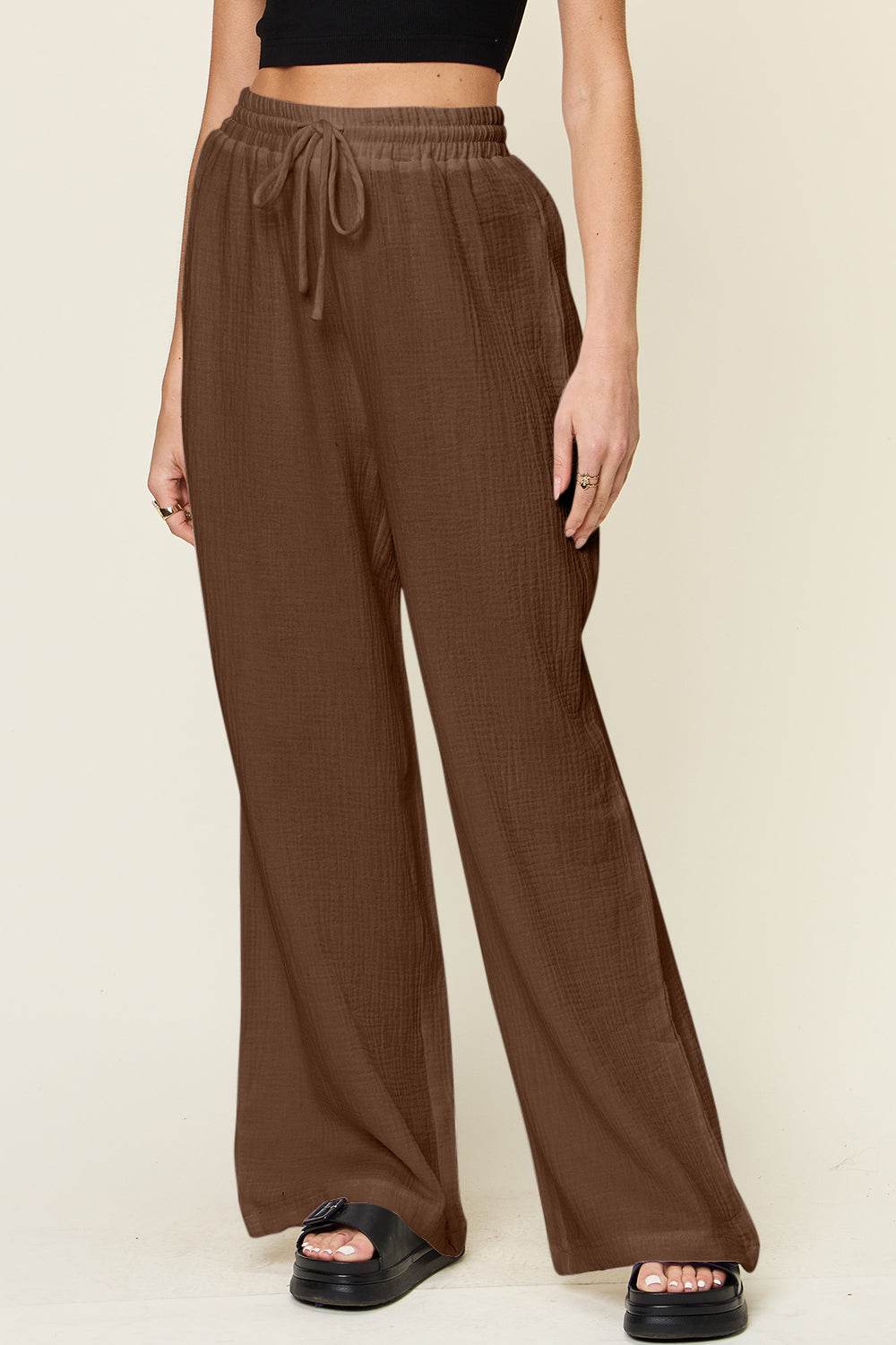 Double Take Full Size Texture Drawstring Wide Leg Pants - Hovatok