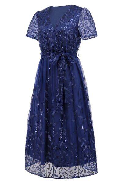 Sequin Leaf Embroidery Tie Front Short Sleeve Dress - Hovatok