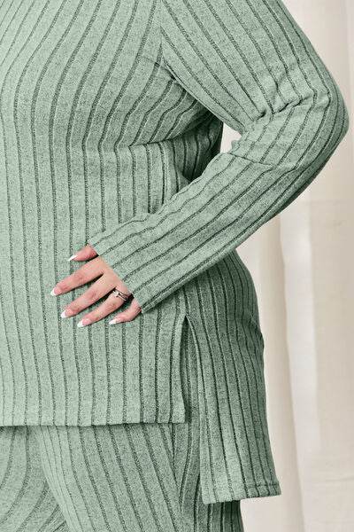 Basic Bae Full Size Ribbed High-Low Top and Wide Leg Pants Set - Hovatok