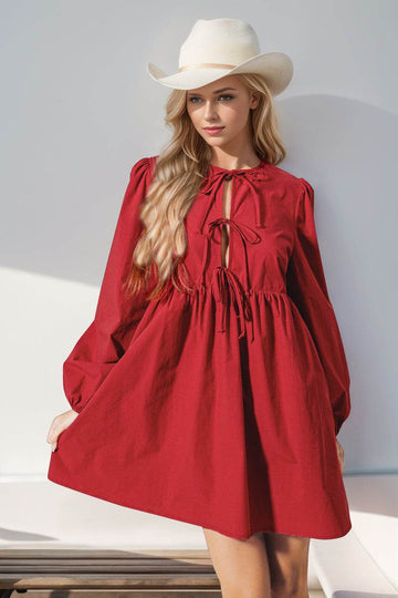 Double Take Christmas Front Tied Long Sleeve Mini Dress - Hovatok