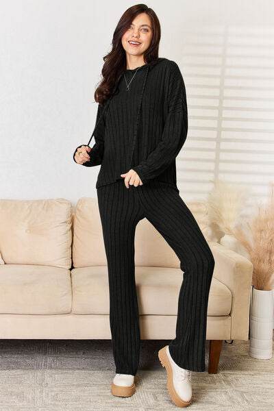 Basic Bae Full Size Ribbed Drawstring Hooded Top and Straight Pants Set - Hovatok