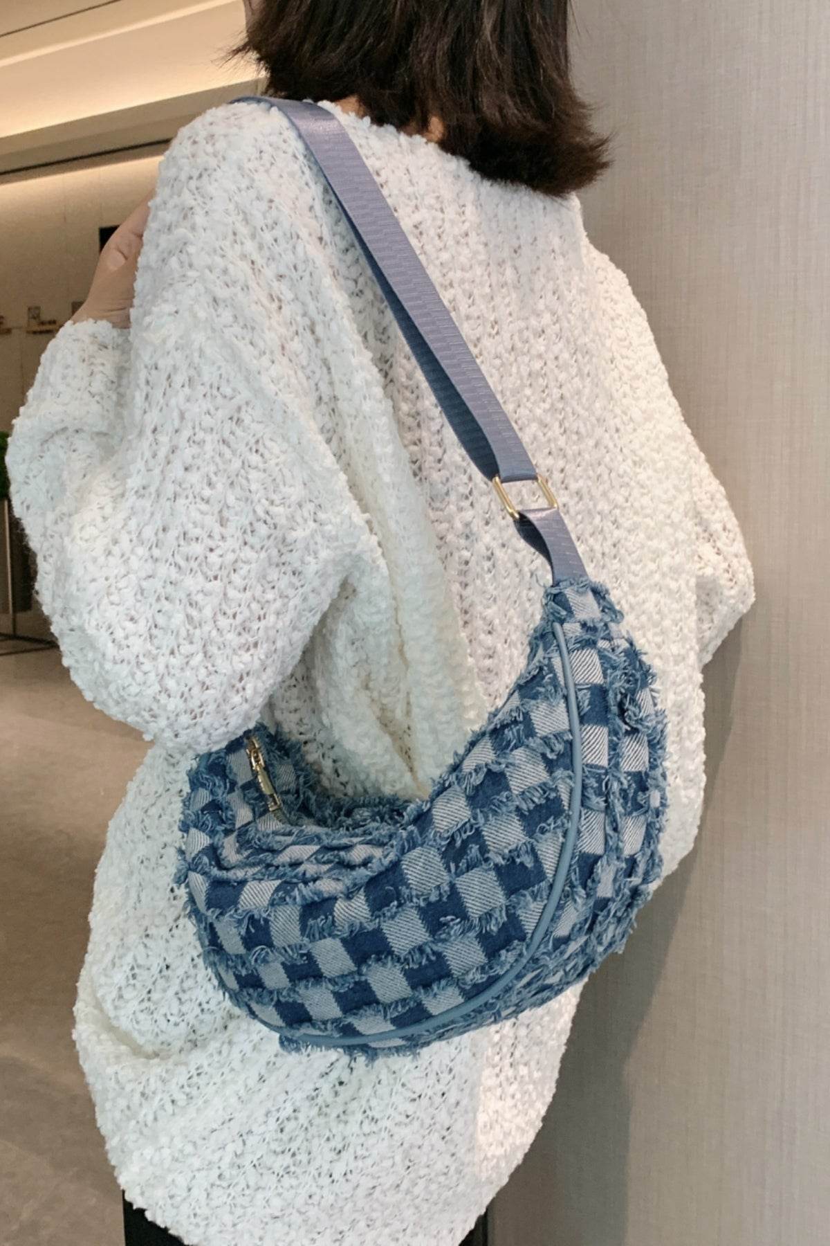 Raw Hem Checkered Denim Crossbody Bag - Hovatok