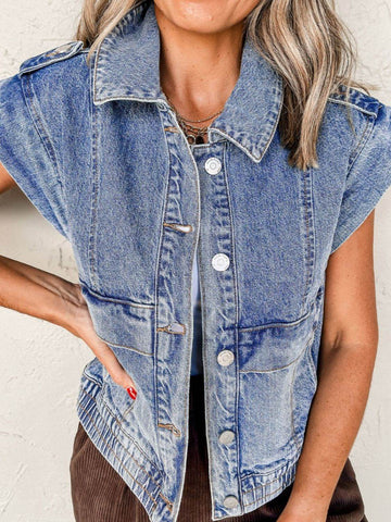 Button Up Cap Sleeve Denim Jacket - Hovatok