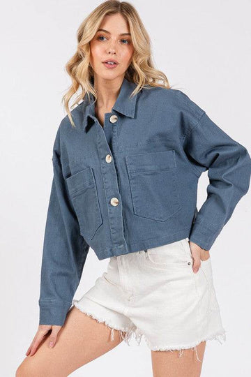 bytos Button Down Cropped Denim Jacket with Patch Pockets - Hovatok