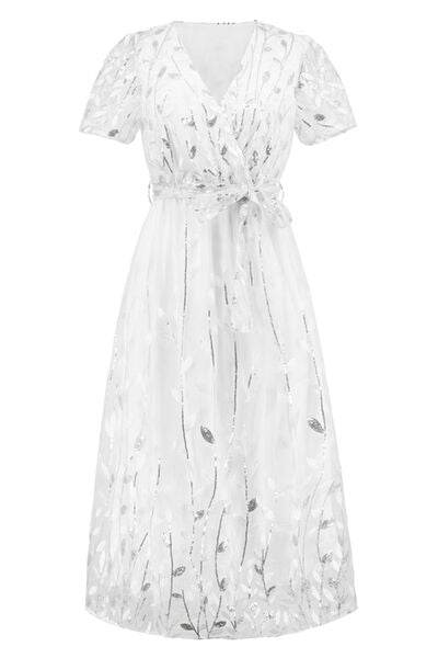 Sequin Leaf Embroidery Tie Front Short Sleeve Dress - Hovatok