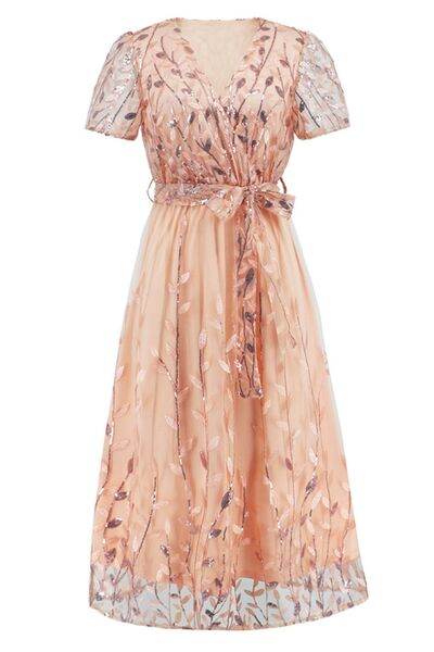 Sequin Leaf Embroidery Tie Front Short Sleeve Dress - Hovatok