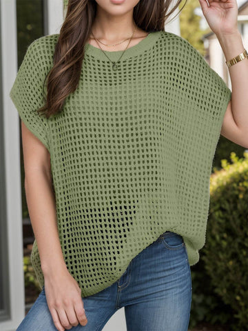 Openwork Round Neck Short Sleeve Cover-Up - Hovatok