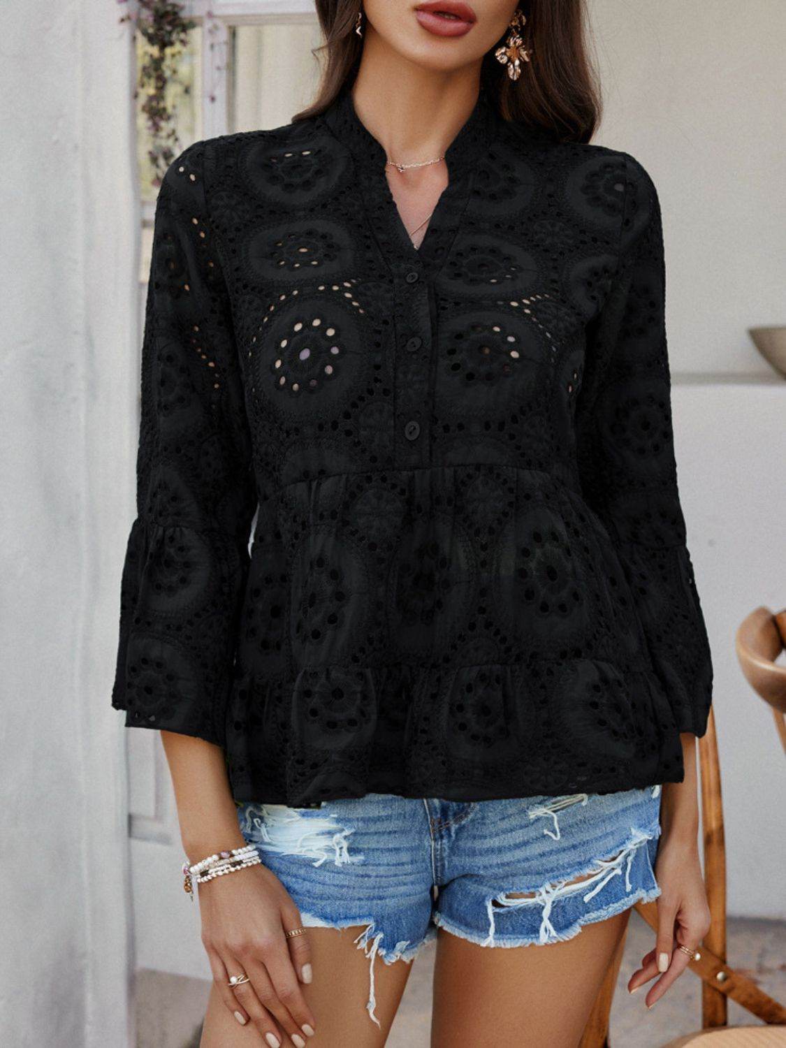 Devine Half Button Flounce Sleeve Peplum Blouse - Hovatok