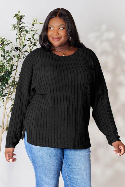 Basic Bae Full Size Ribbed Round Neck Slit Knit Top - Hovatok