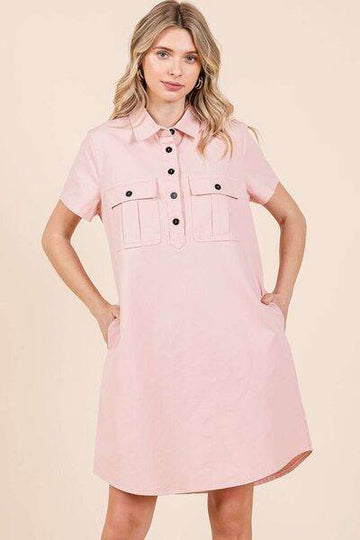 Mittoshop Button Detail Collared Neck Short Sleeve Shirt Dress - Hovatok