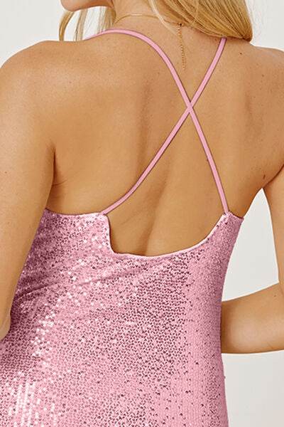 Sequin Spaghetti Strap Mini Wrap Dress - Hovatok