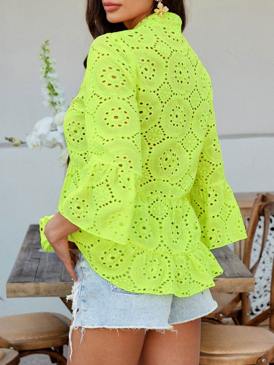 Devine Half Button Flounce Sleeve Peplum Blouse - Hovatok
