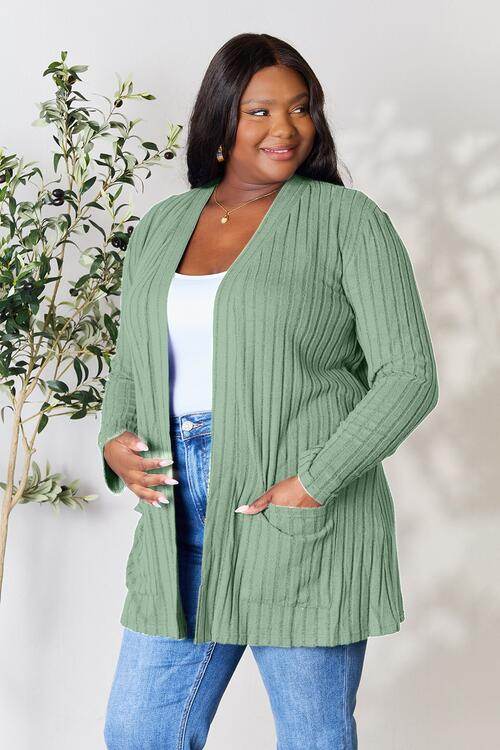Basic Bae Full Size Ribbed Open Front Cardigan with Pockets - Hovatok