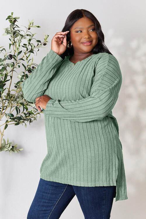 Basic Bae Full Size Ribbed Round Neck Long Sleeve Slit Top - Hovatok