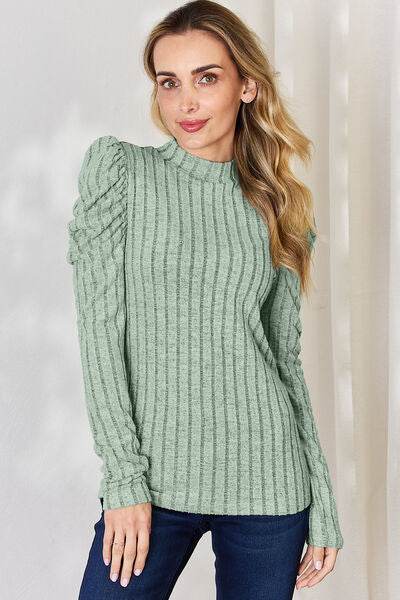 Basic Bae Full Size Ribbed Mock Neck Puff Sleeve T-Shirt - Hovatok