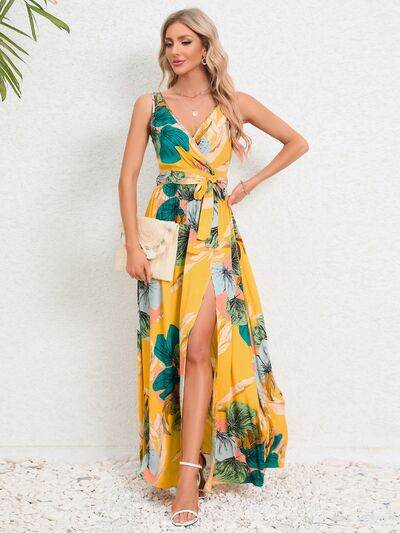 Slit Tied Printed Surplice Dress - Hovatok