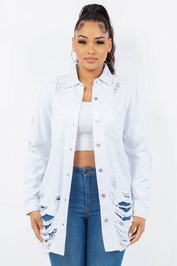 American Bazi Distressed Button Up Long Sleeve Denim Jacket - Hovatok