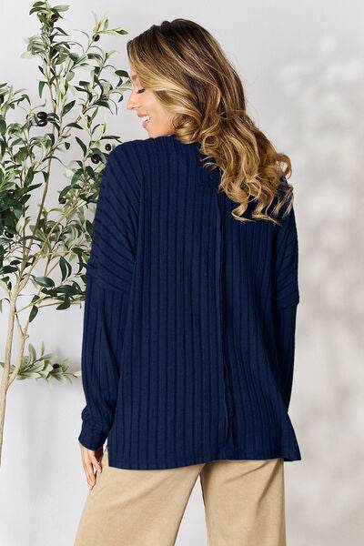 Basic Bae Full Size Ribbed Round Neck Slit Knit Top - Hovatok