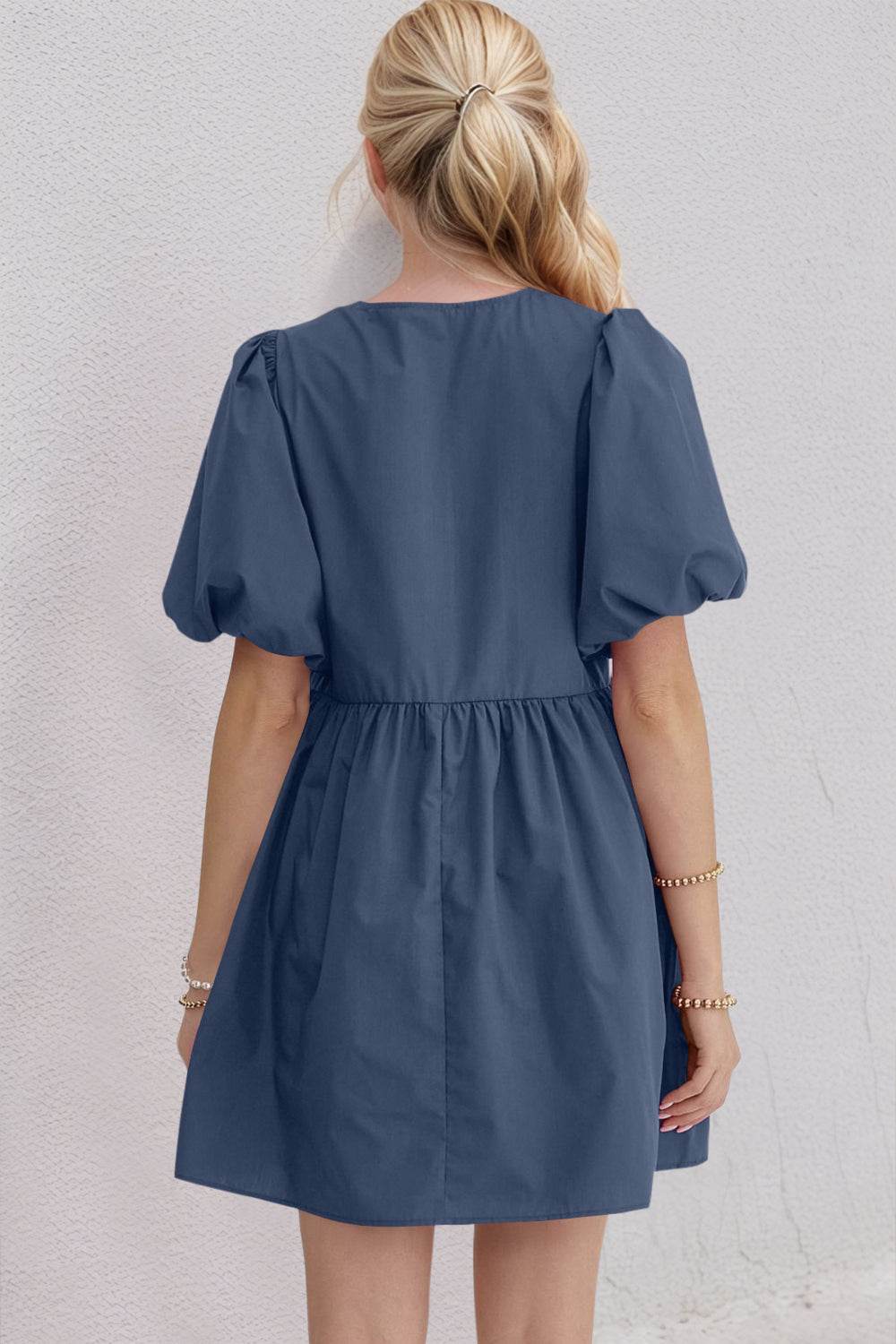 Oh Bow Ruched Puff Sleeve Mini Dress - Hovatok