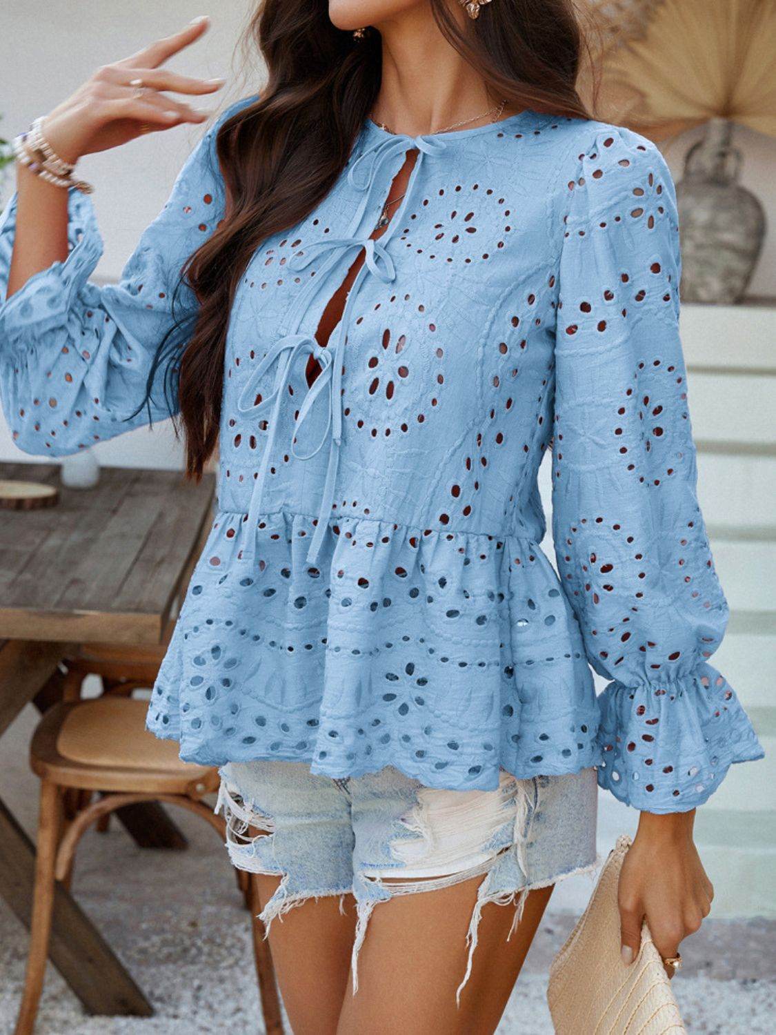 Devine Tie Front Flounce Sleeve Peplum Blouse - Hovatok