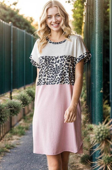 Heimish Full Size Solid Color Block and Animal Mini Dress Plus Size - Hovatok