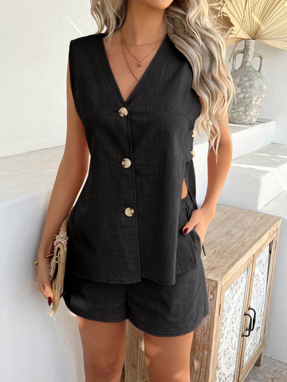 Devine Button Down V-Neck Tank and Shorts Set - Hovatok