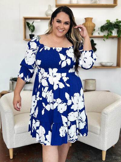 Double Take Full Size Floral Ruffle Hem Smocked Dress with Pockets - Hovatok