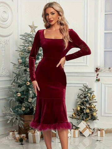 Plush Hem Square Neck Long Sleeve Dress - Hovatok