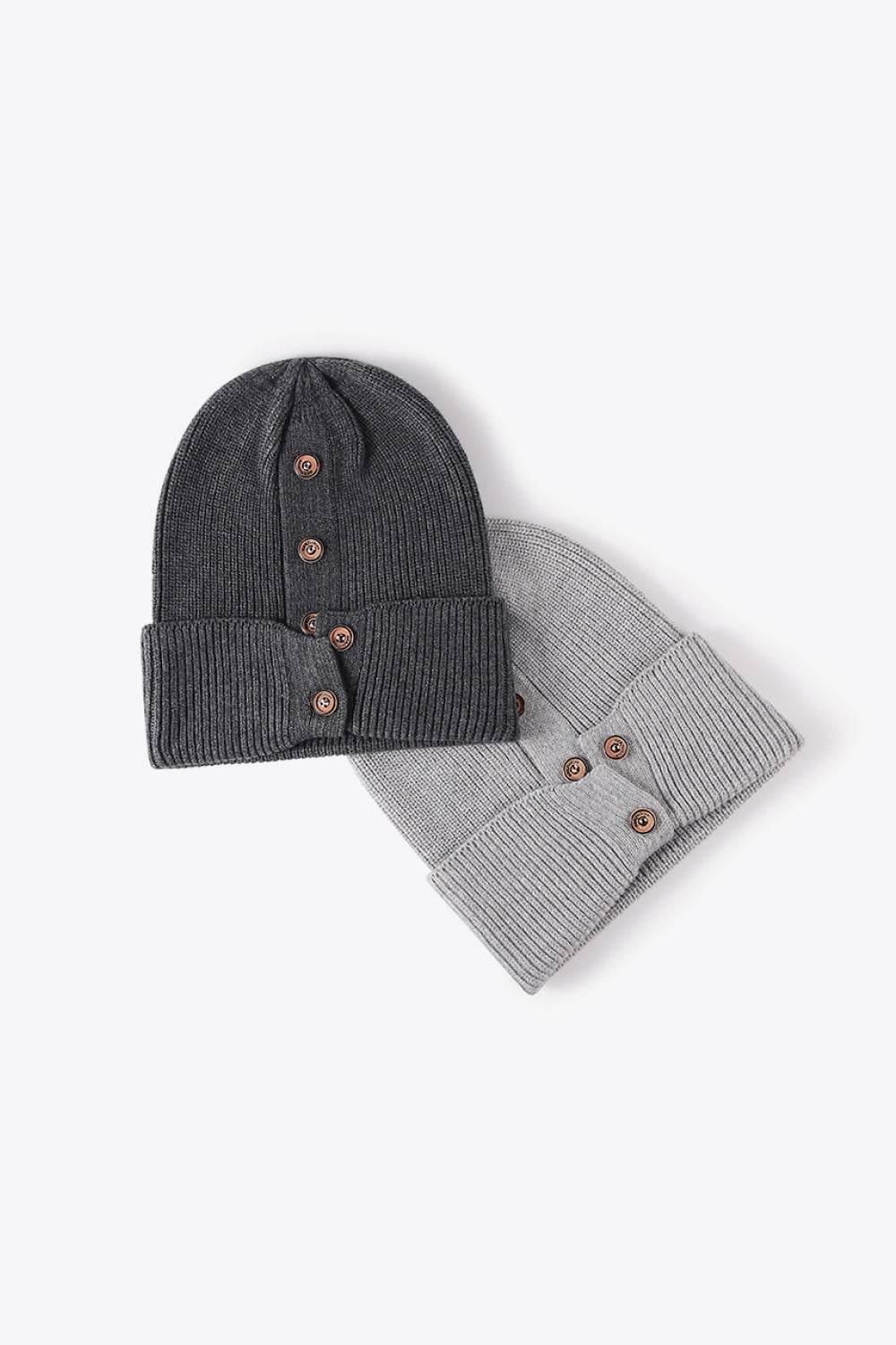 Button Detail Rib-Knit Cuff Beanie - Hovatok