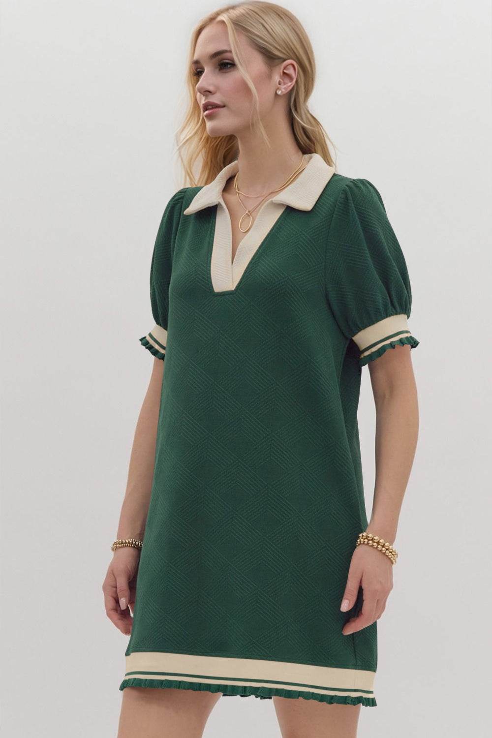 Oh Frill Contrast Trim Johnny Collar Short Sleeve Mini Dress - Hovatok
